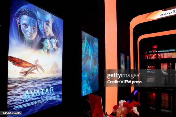 Screen displays Avatar: The Way of Water poster in a cinema at Times Square on January 05, 2023 in New York City. According to a Disney estimate,...