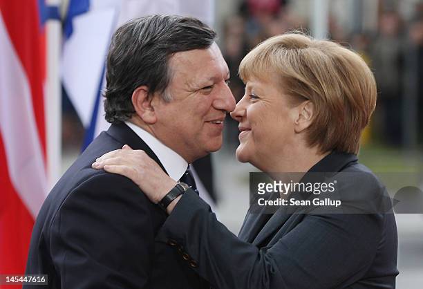 German Chancellor Angela Merkel greets European Commission President Jose Manuel Barroso at the 2012 Council of Baltic Sea States Summit on May 30,...