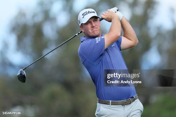 Tom Hoge of the United States plays his shot from the fourth tee during the first round of the Sentry Tournament of Champions at Plantation Course at...