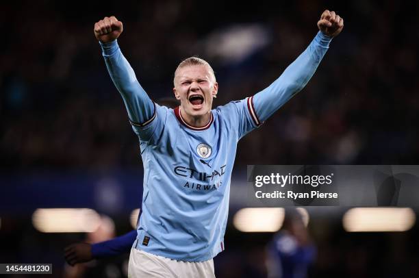 Erling Haaland of Manchester City celebrates their side's win during the Premier League match between Chelsea FC and Manchester City at Stamford...