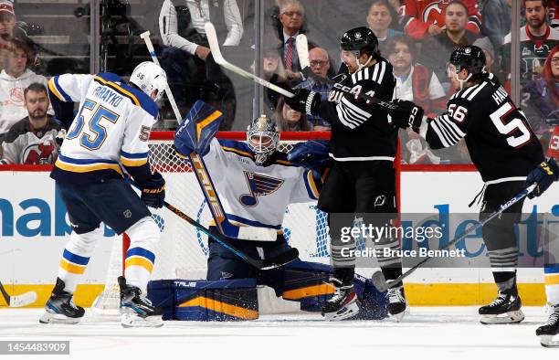 Jordan Binnington of the St. Louis Blues blocks the net against the New Jersey Devils during the first period at the Prudential Center on January 05,...