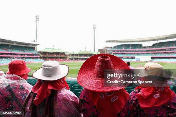 Spectators wearing pink attend Jane McGrath Day during day three of the Second Test match in the series between Australia and South Africa at Sydney...