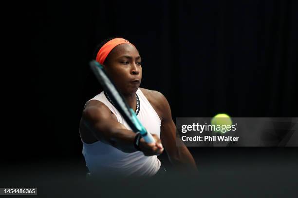 Coco Gauff of the USA plays a forehand during her quarter final match against Lin Zhu of China during day five of the 2023 ASB Classic Women's at the...