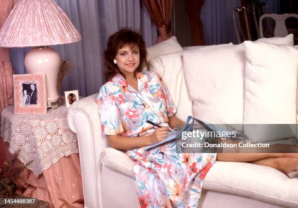 English actress and TV host Emma Samms poses for a portrait, Los Angeles, California, circa 1985.