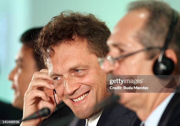Fomer Player and Member of COL 2104 Bebeto, FIFA General Secretary Jerome Valcke and Minister of Sport Aldo Rebelo during the announcement of host...