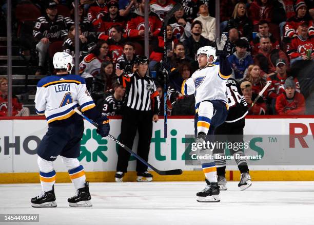 Ivan Barbashev of the St. Louis Blues celebrates his second period goal against the New Jersey Devils at the Prudential Center on January 05, 2023 in...