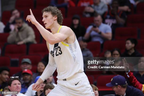 Lauri Markkanen of the Utah Jazz reacts to a basket against the Houston Rockets during the first half at Toyota Center on January 05, 2023 in...