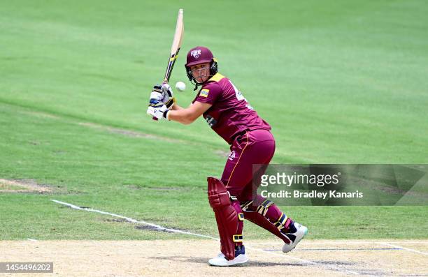 Nicola Hancock of Queensland plays a shot during the WNCL match between Queensland and Tasmania at Allan Border Field, on January 06 in Brisbane,...