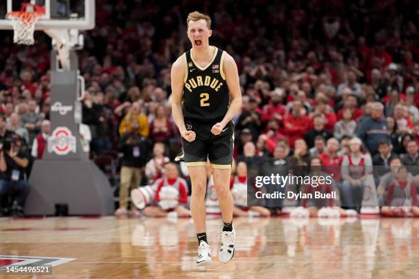 Fletcher Loyer of the Purdue Boilermakers reacts after making a shot in the second half against the Ohio State Buckeyes at the Jerome Schottenstein...