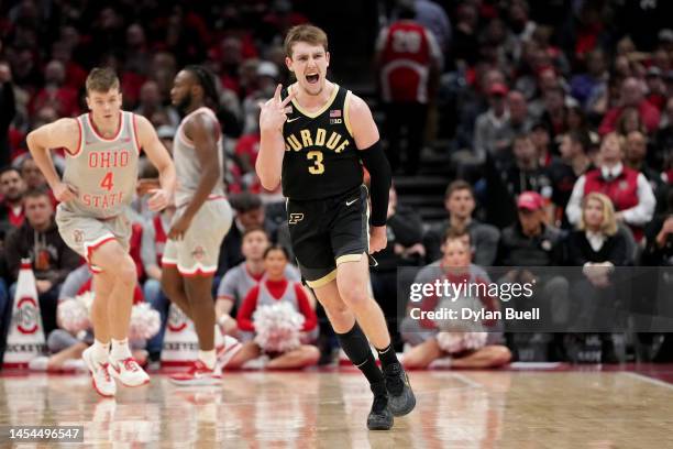 Braden Smith of the Purdue Boilermakers reacts after making a shot in the first half against the Ohio State Buckeyes at the Jerome Schottenstein...