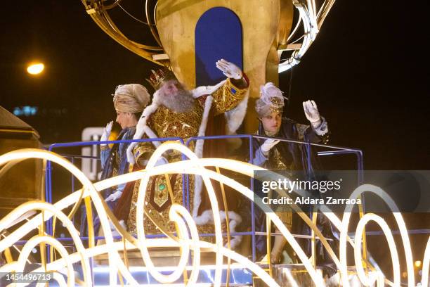 King Melchor attends the Three Kings Parade in Madrid on January 05, 2023 in Madrid, Spain.