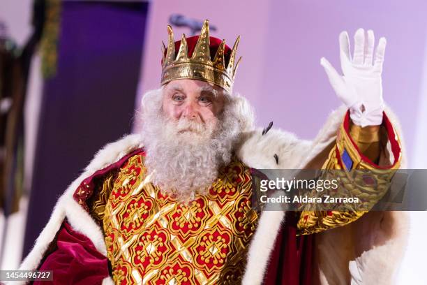 King Melchor attends the Three Kings Parade in Madrid on January 05, 2023 in Madrid, Spain.