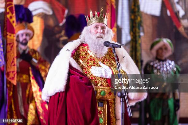 King Melchor attends the Three Kings Parade in Madrid on January 05, 2023 in Madrid, Spain.