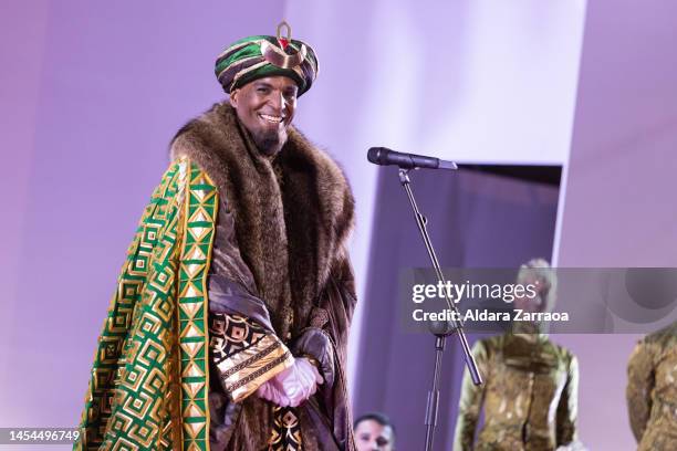 King Balthazar attends the Three Kings Parade in Madrid on January 05, 2023 in Madrid, Spain.