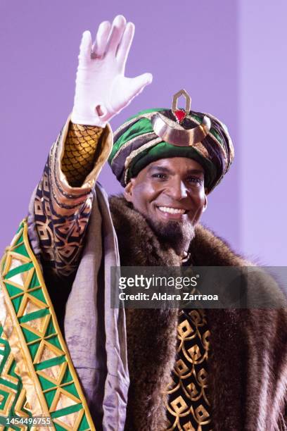 King Balthazar attends the Three Kings Parade in Madrid on January 05, 2023 in Madrid, Spain.