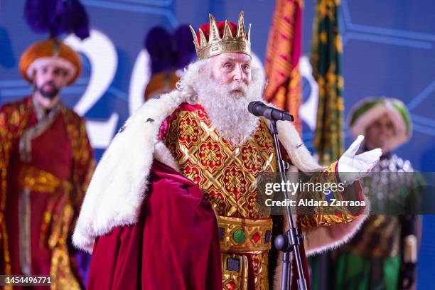 King Melchor attends the Three Kings Parade in Madrid on January 05, 2023 in Madrid, Spain.