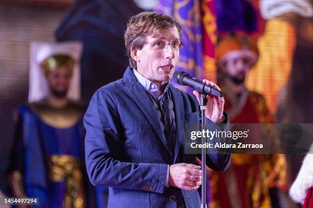 Jose Luis Martinez-Almeida speaks during the Three Kings Parade in Madrid on January 05, 2023 in Madrid, Spain.