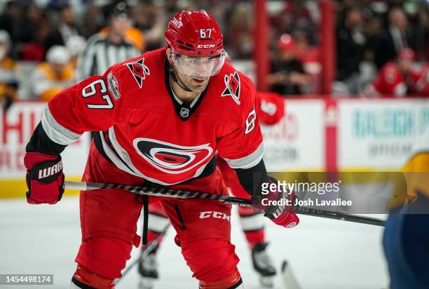 Max Pacioretty of the Carolina Hurricanes lines up during the third period against the Nashville Predators at PNC Arena on January 05, 2023 in...