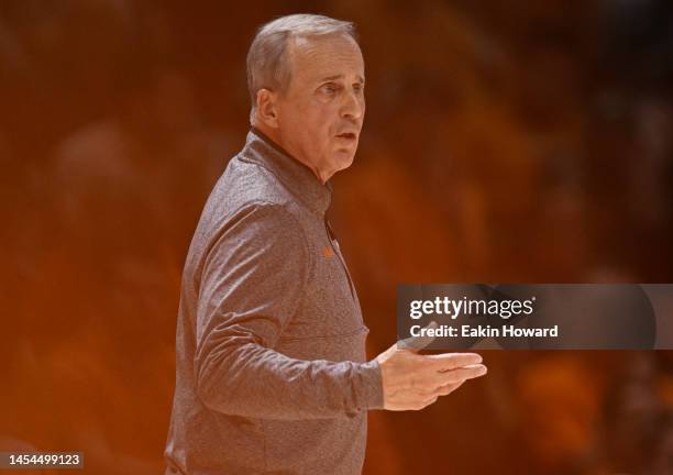 Head coach Rick Barnes of the Tennessee Volunteers stands on the sidelines against the Mississippi State Bulldogs in the first half at...