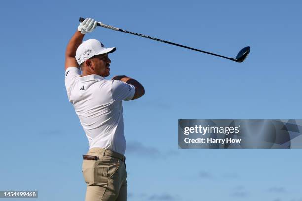 Xander Schauffele of the United States plays his shot from the 13th tee during the first round of the Sentry Tournament of Champions at Plantation...