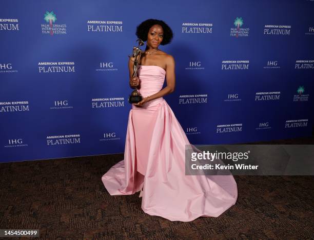 Danielle Deadwyler poses in the press room during with an award during the 2023 Palm Springs International Film Festival Awards Night Gala at Palm...