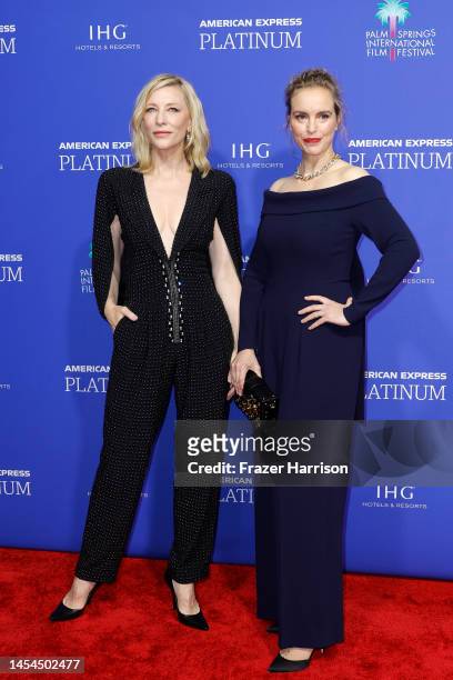 Cate Blanchett and Nina Hoss attend the 34th Annual Palm Springs International Film Awards at Palm Springs Convention Center on January 05, 2023 in...