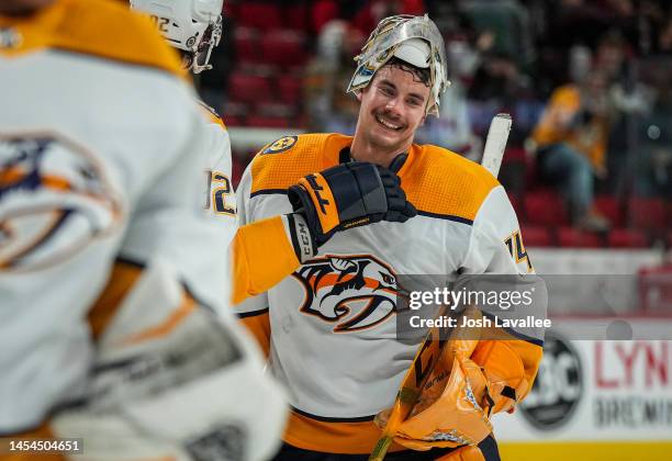 The Nashville Predators celebrate after defeating the Carolina Hurricanes at PNC Arena on January 05, 2023 in Raleigh, North Carolina.