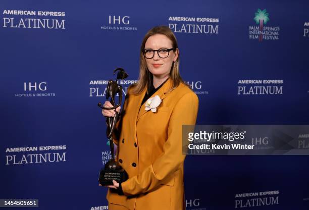 Sarah Polley poses in the press room with an award during the 2023 Palm Springs International Film Festival Awards Night Gala at Palm Springs...