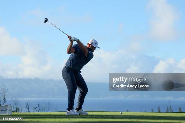 Jon Rahm of Spain plays his shot from the 18th tee during the first round of the Sentry Tournament of Champions at Plantation Course at Kapalua Golf...