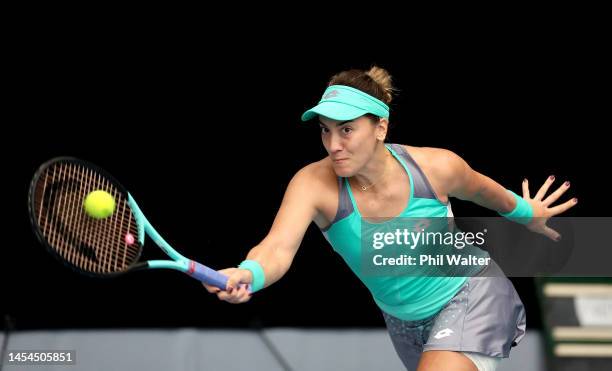 Danka Kovinic of Montenegro plays a forehand against Viktoria Kuzmova of Slovakia during day five of the 2023 ASB Classic Women's at the ASB Tennis...