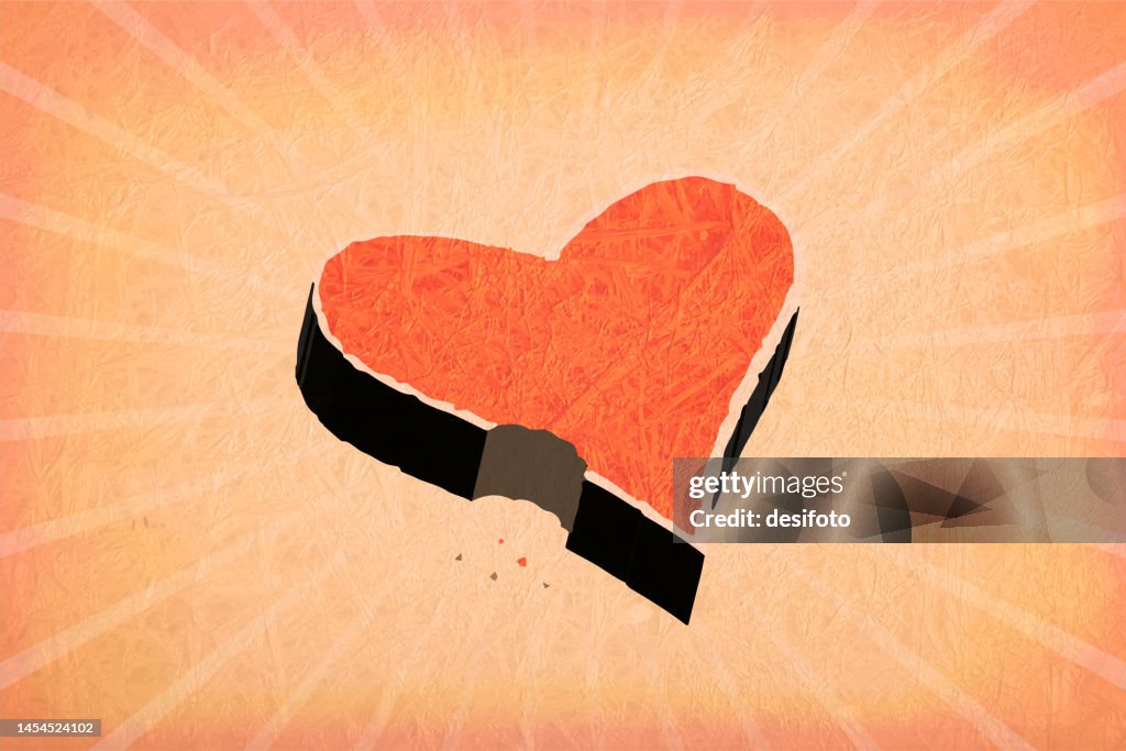 Light pastel peach colored scratched grunge textured effect wall with sunburst in background and one big bright orange colour solid three dimensional abstract heart shaped cake or cookie with a bite taken and crumbs in the rays with copy space for text