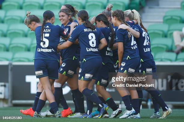 Paige Zois of Melbourne Victory celebrates scoring a goal during the round nine A-League Women's match between Melbourne Victory and Perth Glory at...