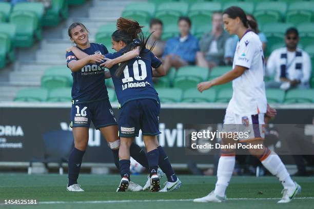 Paige Zois of Melbourne Victory celebrates scoring a goal during the round nine A-League Women's match between Melbourne Victory and Perth Glory at...