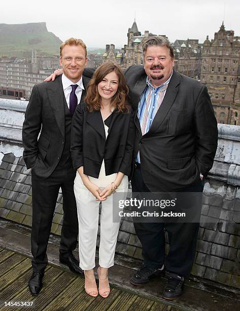 Robbie Coltrane , Kelly Macdonald and Kevin McKidd pose for a photograph at the global press event for Disney Pixar's 'Brave' on May 30, 2012 in...