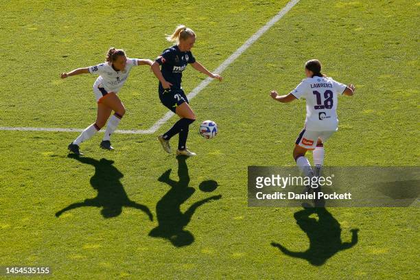Rikke Madsen of Melbourne Victory controls the ball during the round nine A-League Women's match between Melbourne Victory and Perth Glory at AAMI...