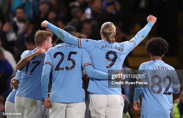 Erling Haaland of Manchester City celebrates their side's first goal during the Premier League match between Chelsea FC and Manchester City at...