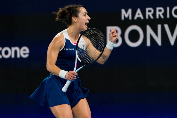 Martina Trevisan of Italy celebrates winning a point in her Semifinal match against Maria Sakkari of Greece during day eight of the 2023 United Cup...