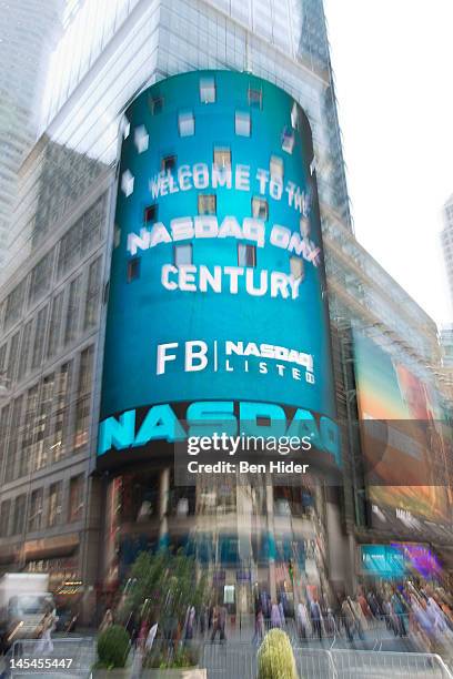 General view of the exterior facade of The NASDAQ Stock Market on the first day of Facebook trading IPO on May 18, 2012 in New York City. Also known...