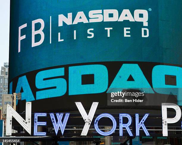 General view of the exterior facade of The NASDAQ Stock Market on the first day of Facebook trading IPO on May 18, 2012 in New York City. Also known...