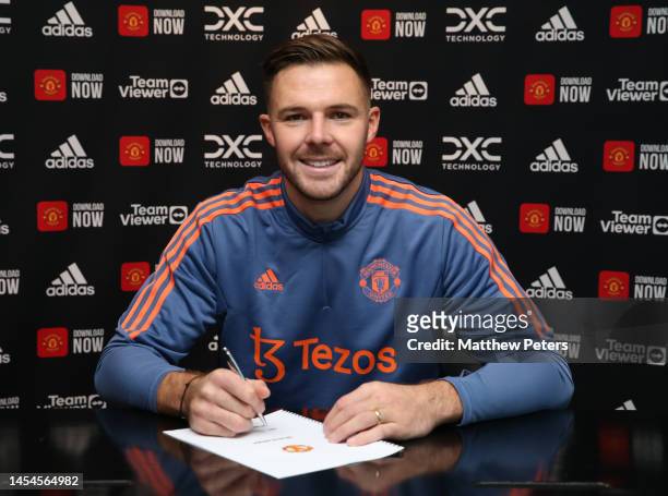 Jack Butland of Manchester United poses after signing for the club at Carrington Training Ground on January 05, 2023 in Manchester, England.