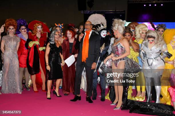 The longest-serving Drag Race judge, Michelle Visage and RuPaul pose with Drag Queens during the official opening ceremony of RuPaul’s DragCon UK at...