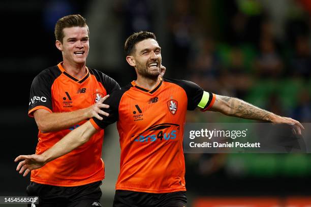 Jay O'Shea of the Roar celebrates kicking a goal during the round 11 A-League Men's match between Melbourne Victory and Brisbane Roar at AAMI Park,...