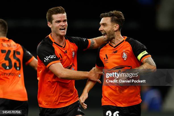 Jay O'Shea of the Roar celebrates kicking a goal during the round 11 A-League Men's match between Melbourne Victory and Brisbane Roar at AAMI Park,...