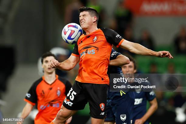 Louis Zabala of the Roar heads the ball during the round 11 A-League Men's match between Melbourne Victory and Brisbane Roar at AAMI Park, on January...