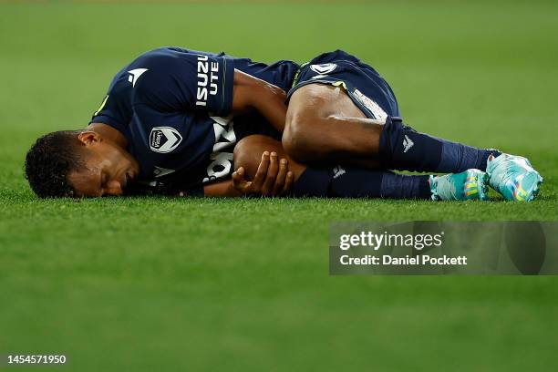 Luis Nani of the Victory reacts after a contest with Connor Chapman of the Roar during the round 11 A-League Men's match between Melbourne Victory...