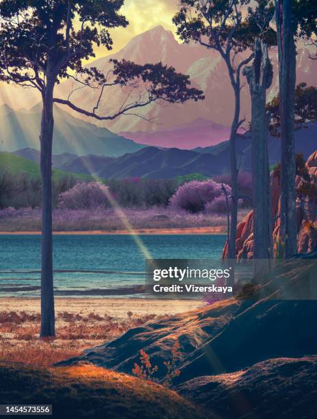 surreal nature background with lake and mountains - beauty in nature beach fantasy stock pictures, royalty-free photos & images