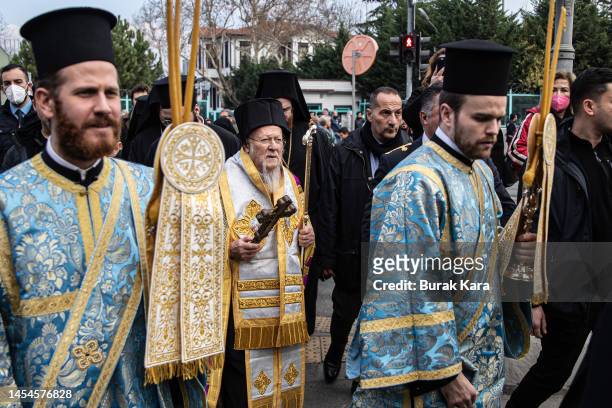 Greek Orthodox Ecumenical Patriarch Bartholomew I of Constantinople attends the blessing of the water ceremony as part of Epiphany day celebrations...