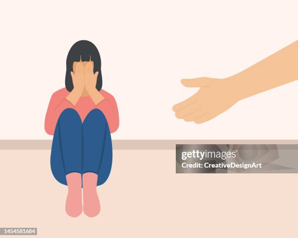 human hand helping sad, lonely woman sitting on floor. mental health aid and support concept - bad habit stock illustrations