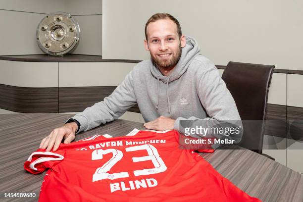 Daley Blind of FC Bayern Muenchen poses for a photo during the FC Bayern Muenchen New Signing Unveiling at Allianz Arena on January 05, 2023 in...