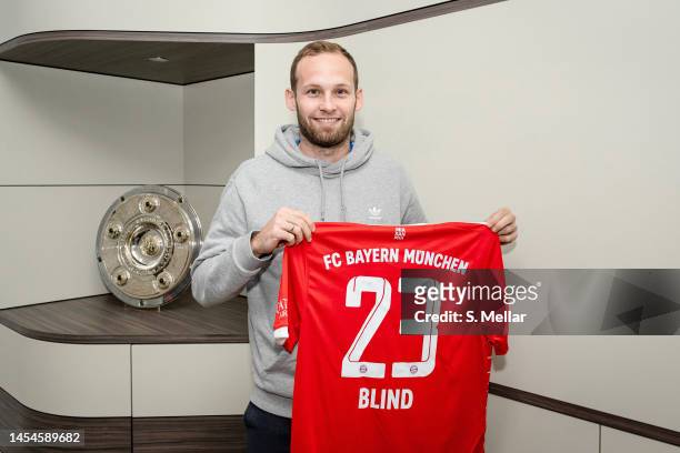 Daley Blind of FC Bayern Muenchen poses for a photo during the FC Bayern Muenchen New Signing Unveiling at Allianz Arena on January 05, 2023 in...